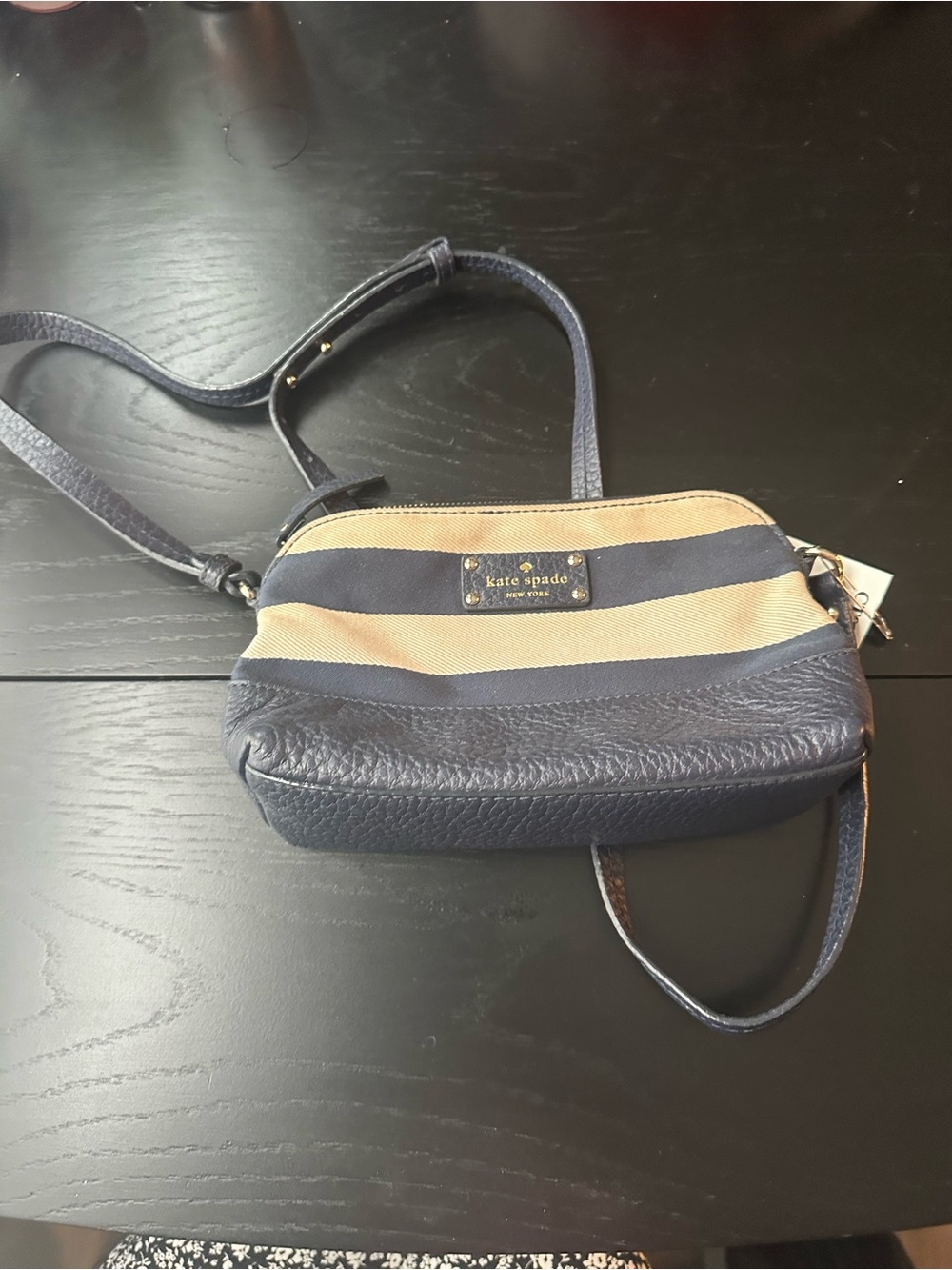kate spade Navy and Tan Striped Leather-Trim Crossbody purse